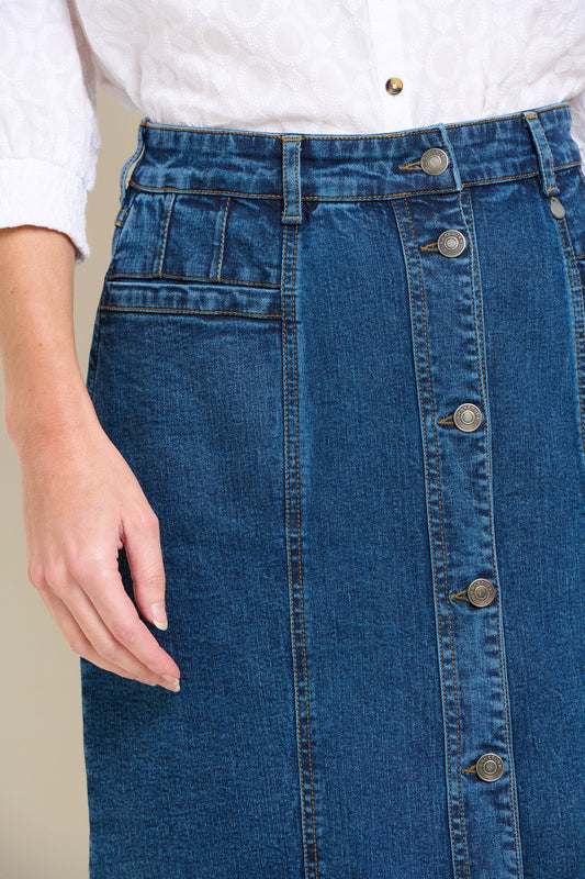 Brakeburn Button Front Denim Midi Skirt