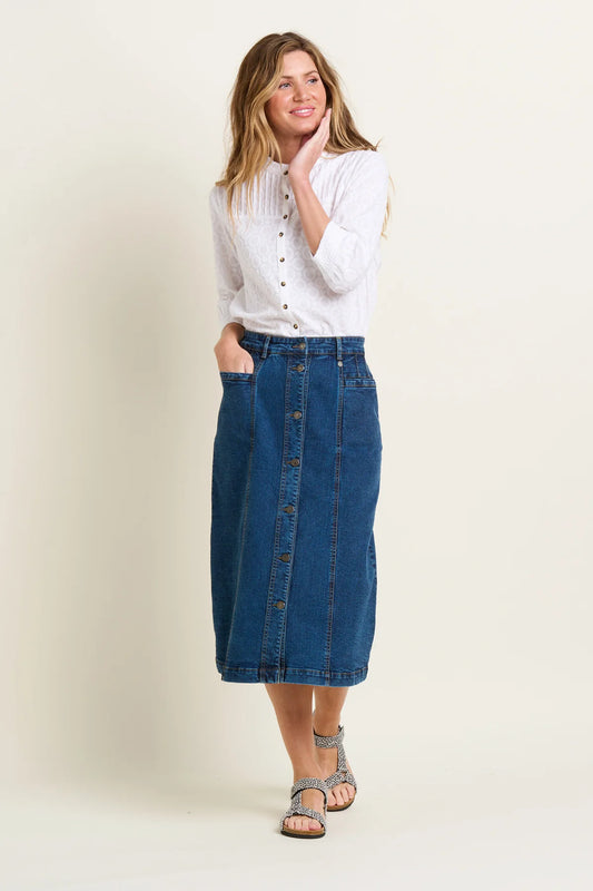 Brakeburn Button Front Denim Midi Skirt