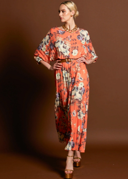 Fate + Becker Jolene Pleated Maxi Dress Tangerine Floral