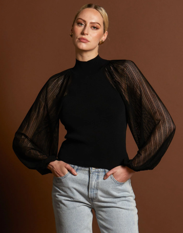 Fate + Becker Snowflake Sheer Sleeve Knit Top Black